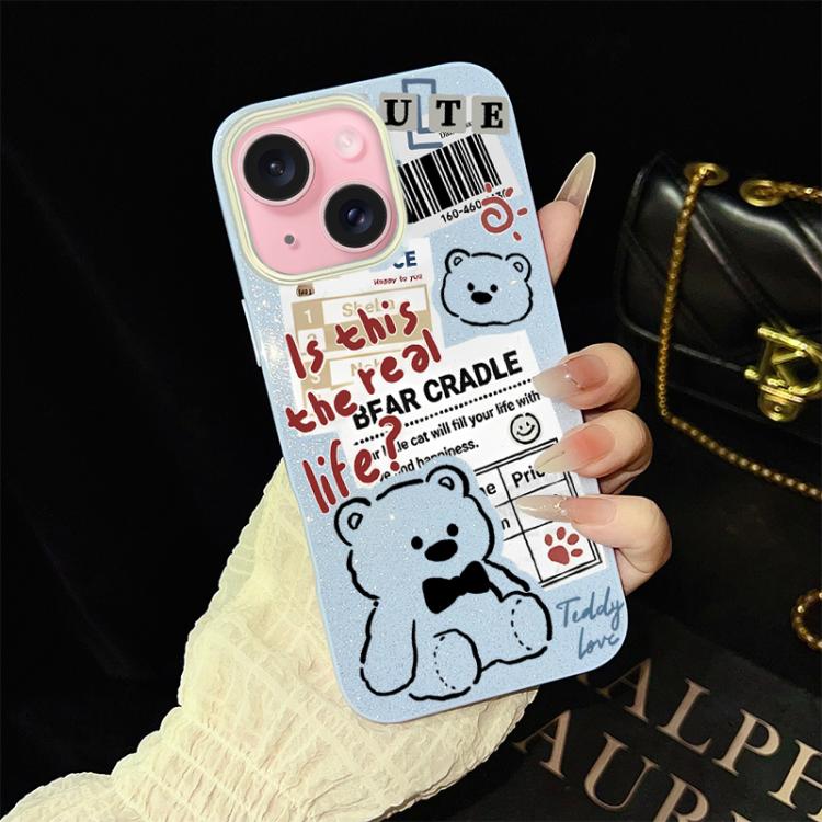 For iPhone 15 Plus Newspaper Bear Pattern IMD Glitter PC Hybrid TPU Phone Case