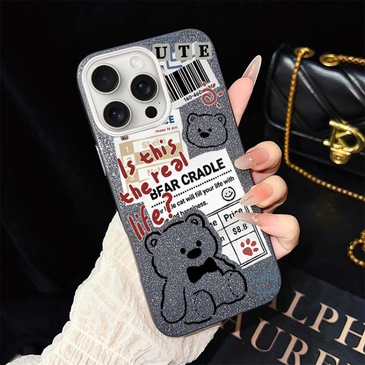 For iPhone 15 Pro Newspaper Bear Pattern IMD Glitter PC Hybrid TPU Phone Case
