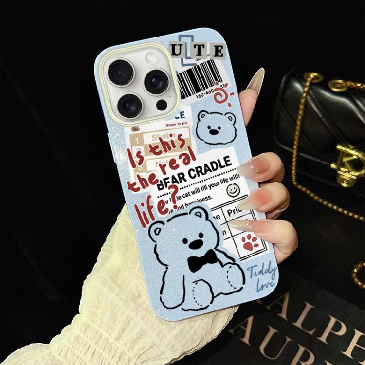 For iPhone 15 Pro Newspaper Bear Pattern IMD Glitter PC Hybrid TPU Phone Case