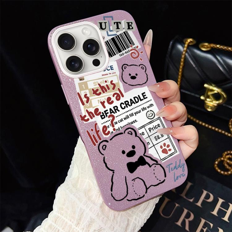 For iPhone 15 Pro Newspaper Bear Pattern IMD Glitter PC Hybrid TPU Phone Case