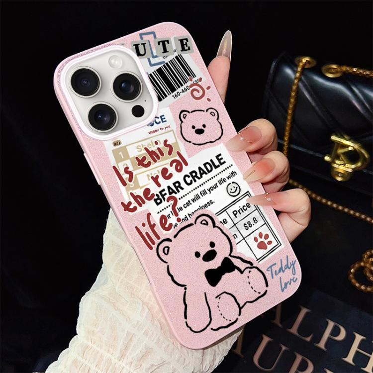 For iPhone 15 Pro Max Newspaper Bear Pattern IMD Glitter PC Hybrid TPU Phone Case