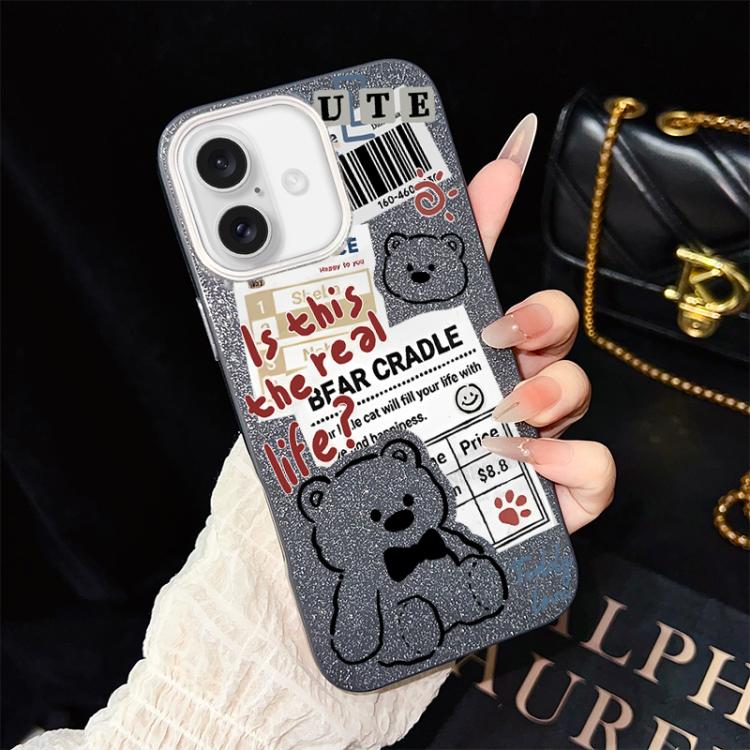 For iPhone 16 Newspaper Bear Pattern IMD Glitter PC Hybrid TPU Phone Case