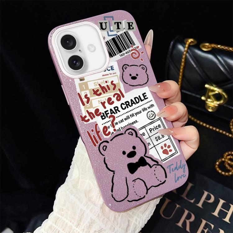 For iPhone 16 Newspaper Bear Pattern IMD Glitter PC Hybrid TPU Phone Case
