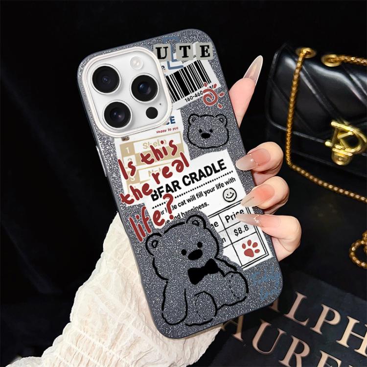 For iPhone 16 Pro Newspaper Bear Pattern IMD Glitter PC Hybrid TPU Phone Case