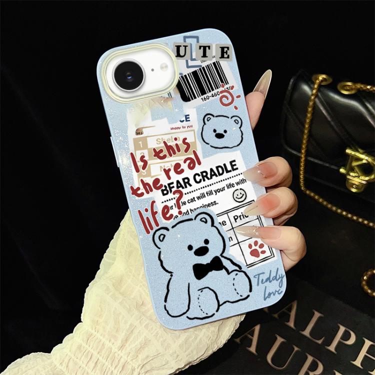 For iPhone 17e / 16e Newspaper Bear Pattern IMD Glitter PC Hybrid TPU Phone Case