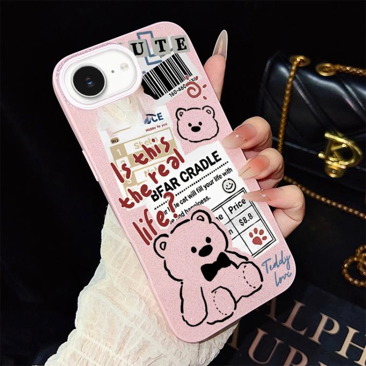 For iPhone 17e / 16e Newspaper Bear Pattern IMD Glitter PC Hybrid TPU Phone Case