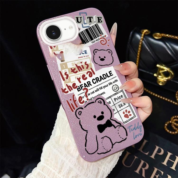 For iPhone 17e / 16e Newspaper Bear Pattern IMD Glitter PC Hybrid TPU Phone Case