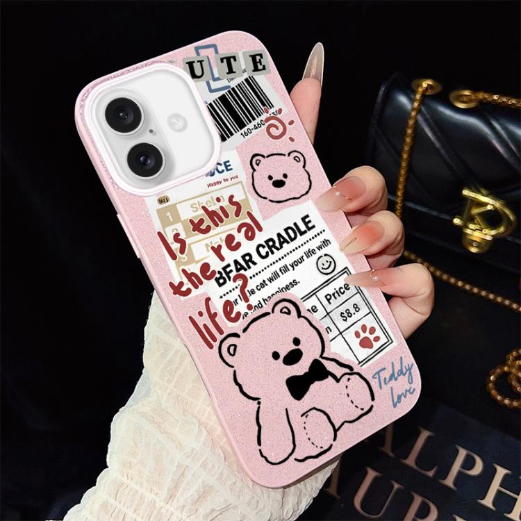 For iPhone 17 Newspaper Bear Pattern IMD Glitter PC Hybrid TPU Phone Case