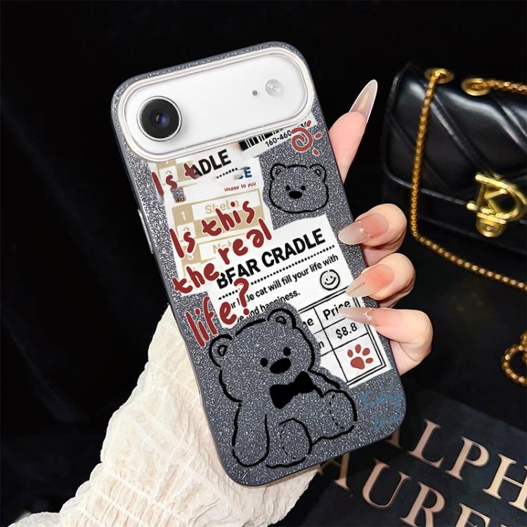 For iPhone Air Newspaper Bear Pattern IMD Glitter PC Hybrid TPU Phone Case