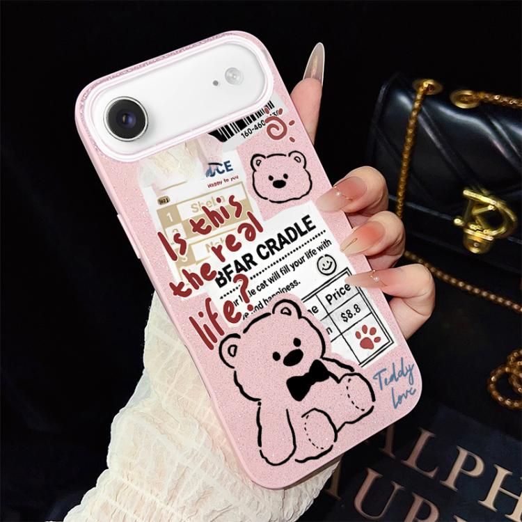 For iPhone Air Newspaper Bear Pattern IMD Glitter PC Hybrid TPU Phone Case