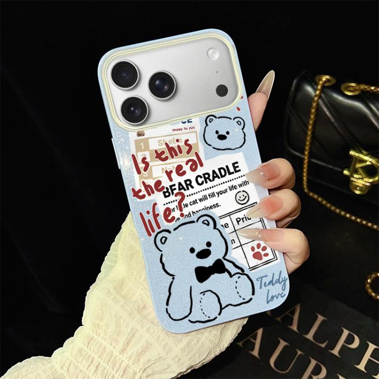 For iPhone 17 Pro Newspaper Bear Pattern IMD Glitter PC Hybrid TPU Phone Case