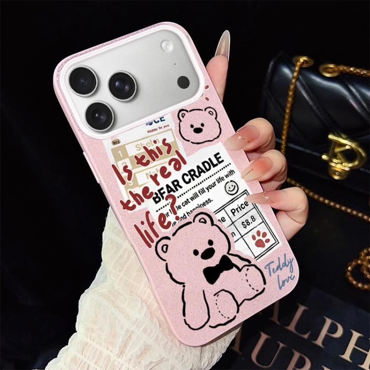 For iPhone 17 Pro Newspaper Bear Pattern IMD Glitter PC Hybrid TPU Phone Case