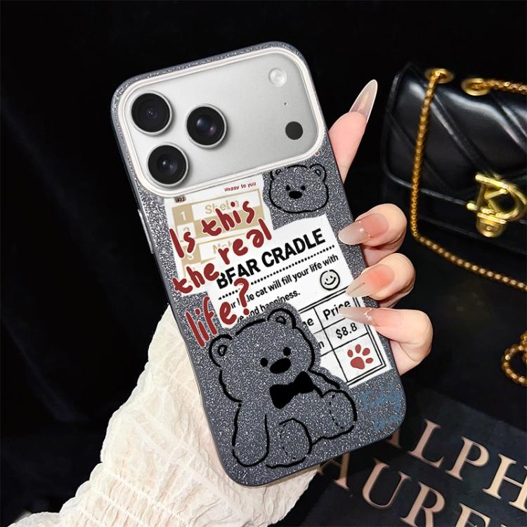 For iPhone 17 Pro Max Newspaper Bear Pattern IMD Glitter PC Hybrid TPU Phone Case