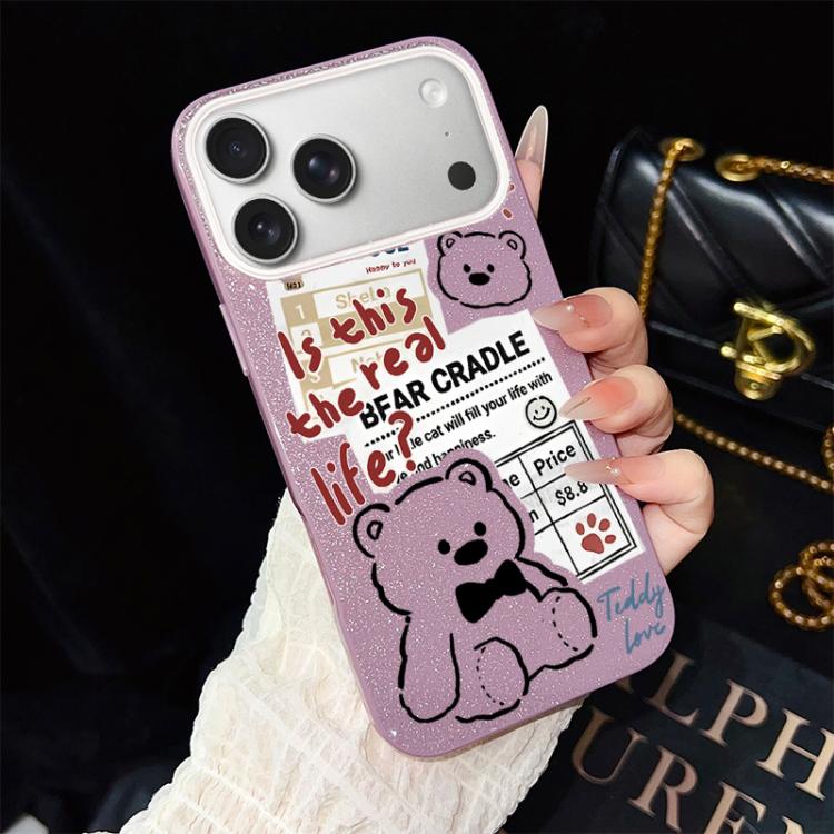 For iPhone 17 Pro Max Newspaper Bear Pattern IMD Glitter PC Hybrid TPU Phone Case