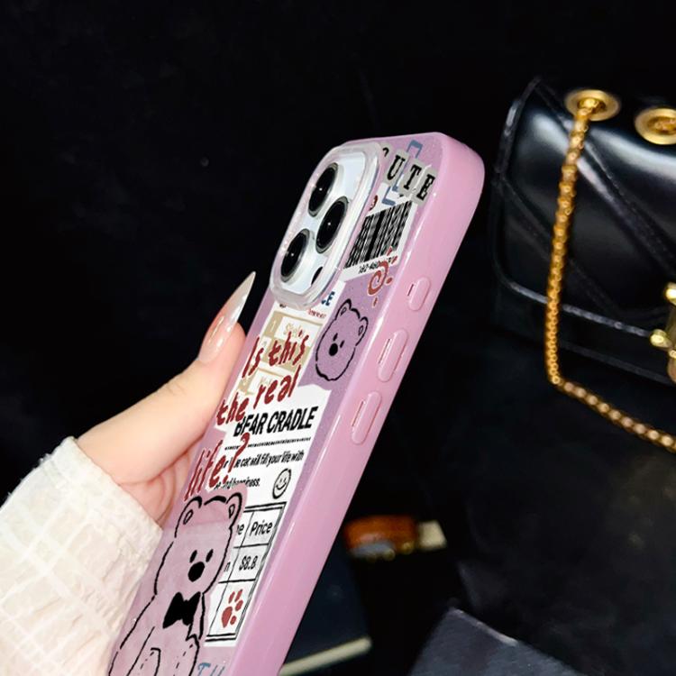 For iPhone 14 Pro Newspaper Bear Pattern IMD Glitter PC Hybrid TPU Phone Case