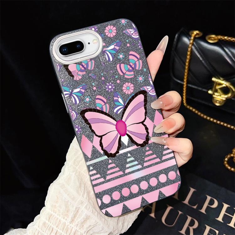 For iPhone 8 Plus / 7 Plus Pink Butterfly Pattern IMD Glitter PC Hybrid TPU Phone Case