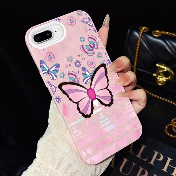 For iPhone 8 Plus / 7 Plus Pink Butterfly Pattern IMD Glitter PC Hybrid TPU Phone Case