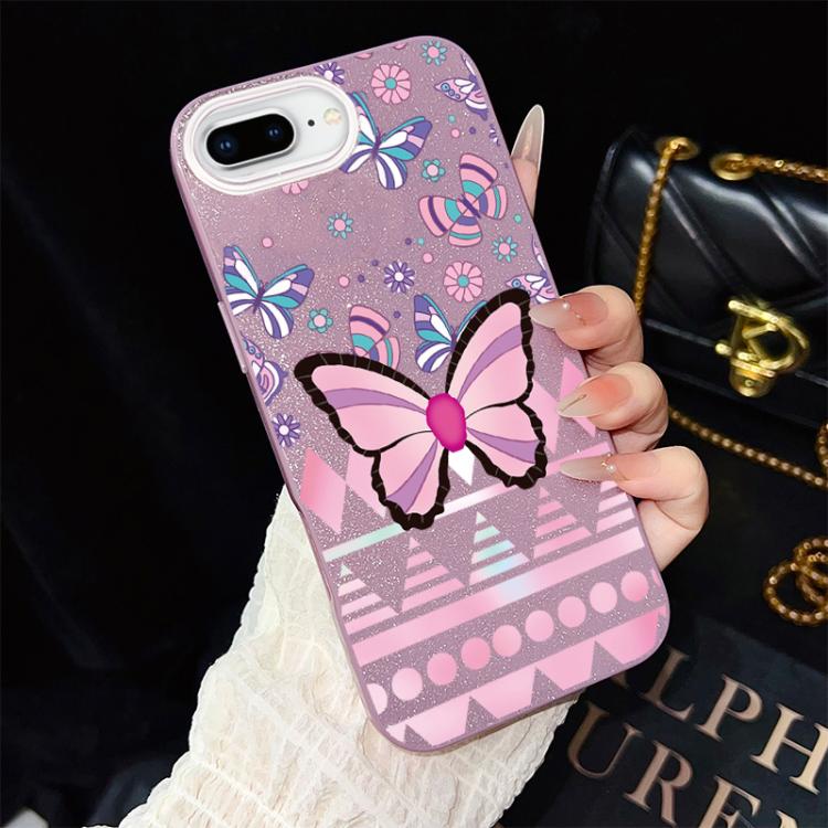 For iPhone 8 Plus / 7 Plus Pink Butterfly Pattern IMD Glitter PC Hybrid TPU Phone Case