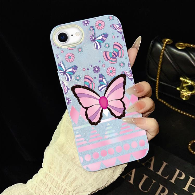 For iPhone SE 2022 / SE 2020 Pink Butterfly Pattern IMD Glitter PC Hybrid TPU Phone Case