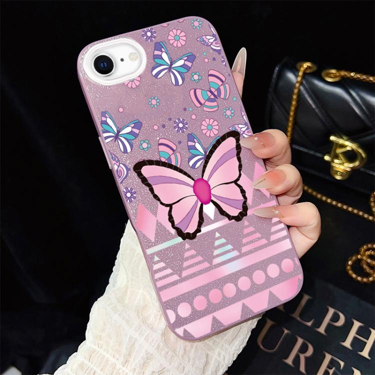 For iPhone SE 2022 / SE 2020 Pink Butterfly Pattern IMD Glitter PC Hybrid TPU Phone Case