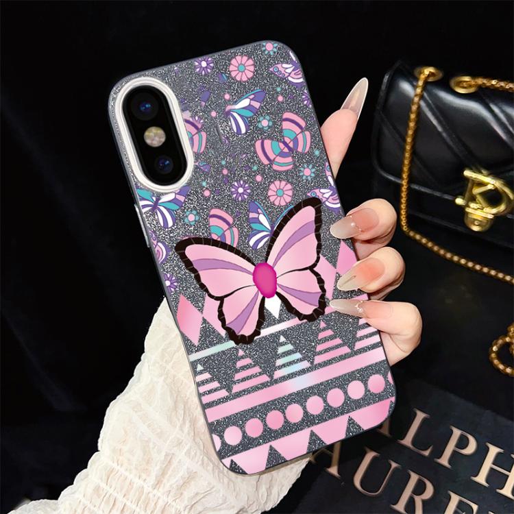 For iPhone XS / X Pink Butterfly Pattern IMD Glitter PC Hybrid TPU Phone Case