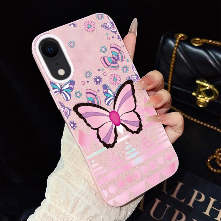 For iPhone XR Pink Butterfly Pattern IMD Glitter PC Hybrid TPU Phone Case
