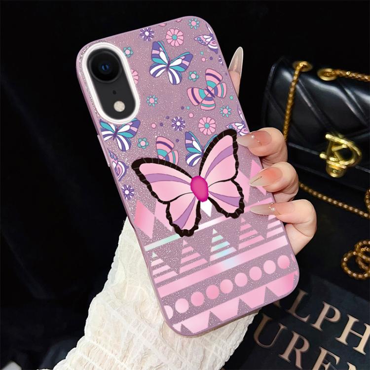 For iPhone XR Pink Butterfly Pattern IMD Glitter PC Hybrid TPU Phone Case