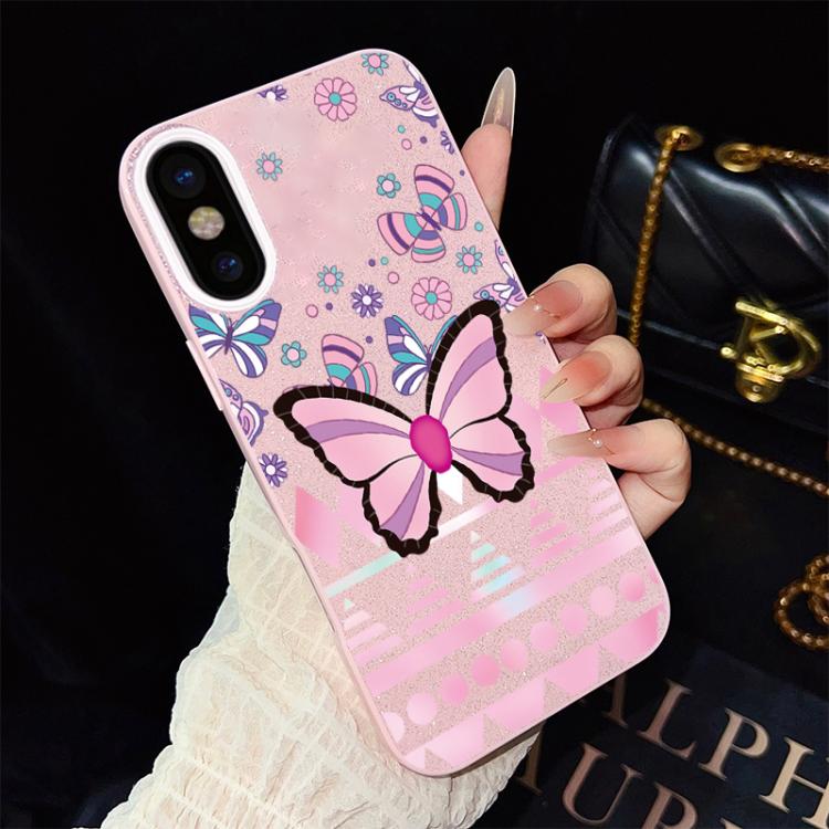 For iPhone XS Max Pink Butterfly Pattern IMD Glitter PC Hybrid TPU Phone Case