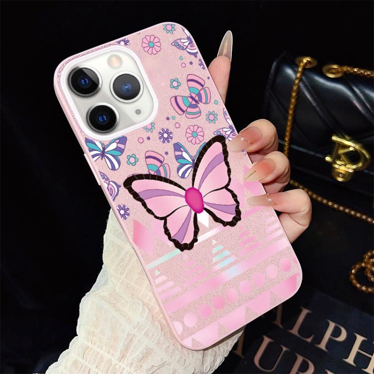 For iPhone 11 Pro Pink Butterfly Pattern IMD Glitter PC Hybrid TPU Phone Case