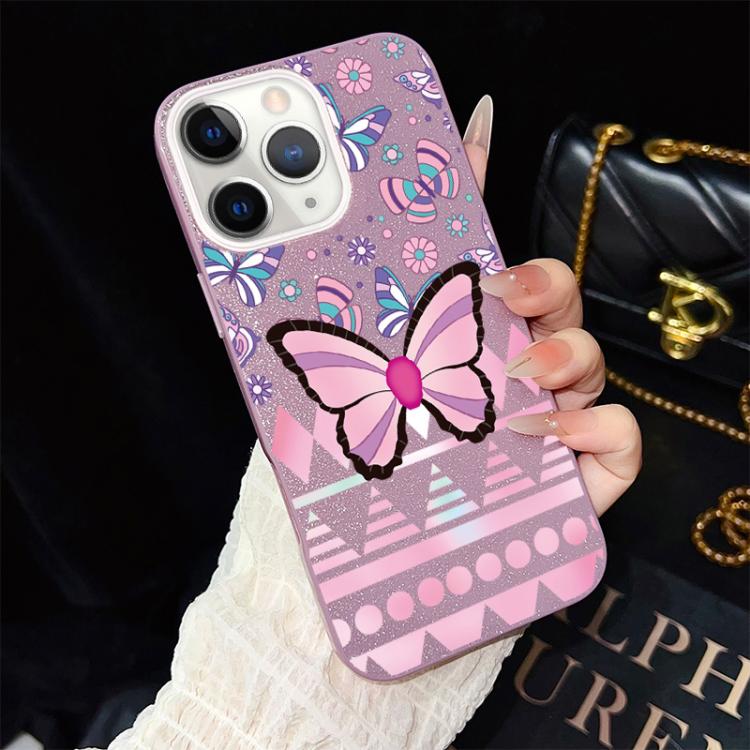 For iPhone 11 Pro Pink Butterfly Pattern IMD Glitter PC Hybrid TPU Phone Case
