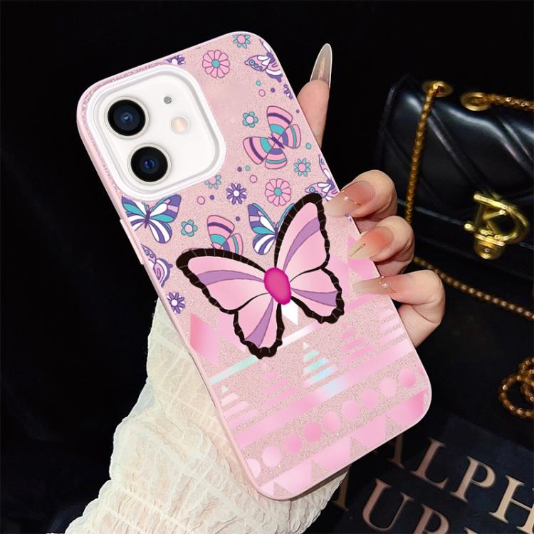 For iPhone 12 Pink Butterfly Pattern IMD Glitter PC Hybrid TPU Phone Case
