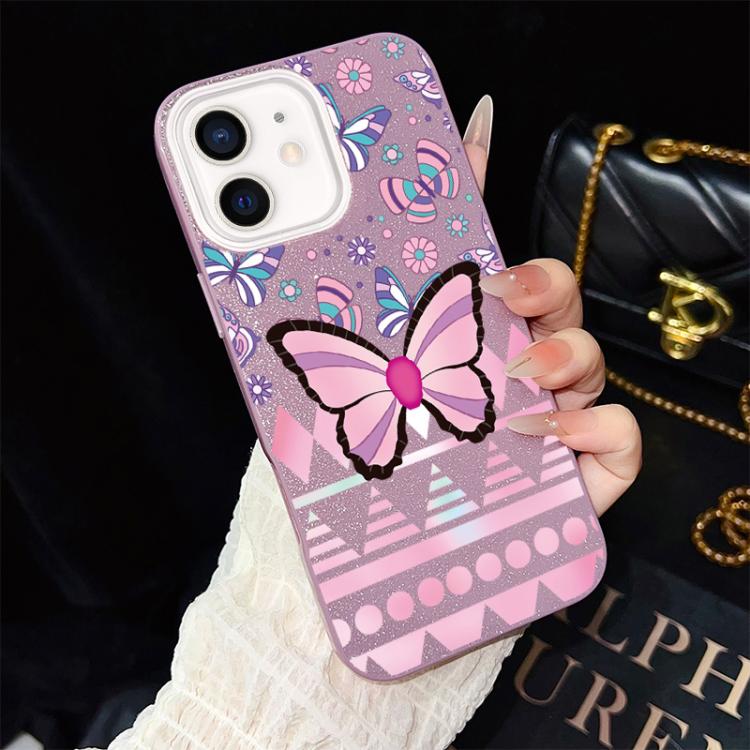 For iPhone 12 Pink Butterfly Pattern IMD Glitter PC Hybrid TPU Phone Case