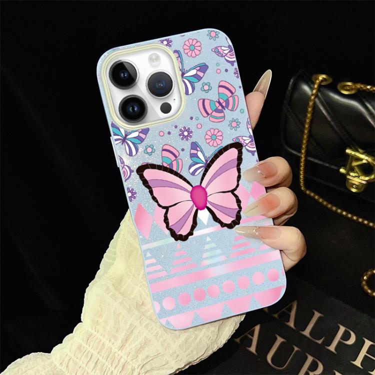 For iPhone 13 Pro Pink Butterfly Pattern IMD Glitter PC Hybrid TPU Phone Case
