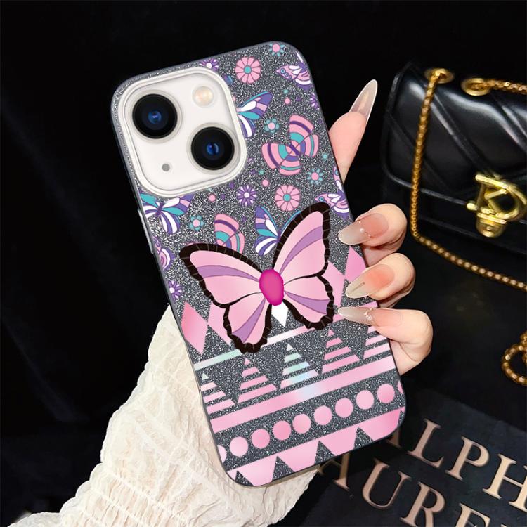 For iPhone 14 Pink Butterfly Pattern IMD Glitter PC Hybrid TPU Phone Case