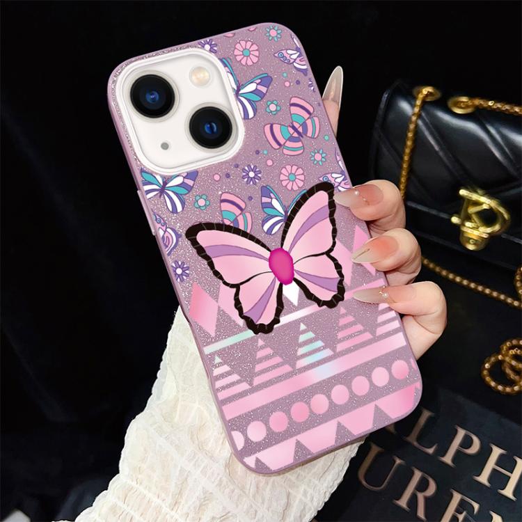 For iPhone 14 Pink Butterfly Pattern IMD Glitter PC Hybrid TPU Phone Case