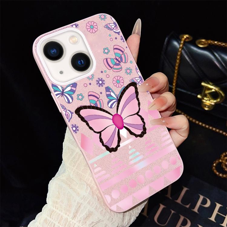 For iPhone 14 Plus Pink Butterfly Pattern IMD Glitter PC Hybrid TPU Phone Case