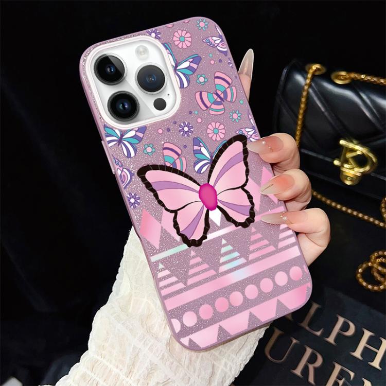 For iPhone 14 Pro Pink Butterfly Pattern IMD Glitter PC Hybrid TPU Phone Case
