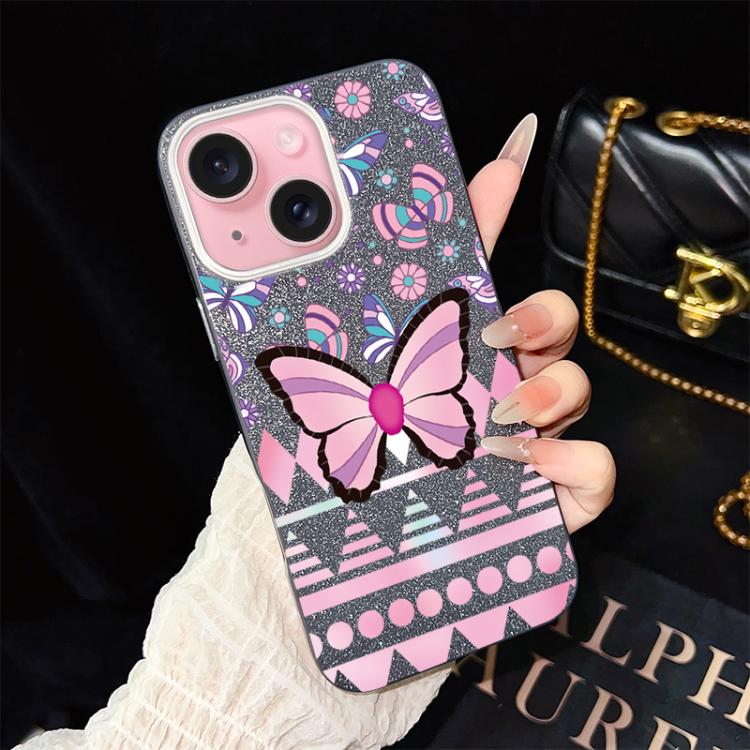 For iPhone 15 Pink Butterfly Pattern IMD Glitter PC Hybrid TPU Phone Case