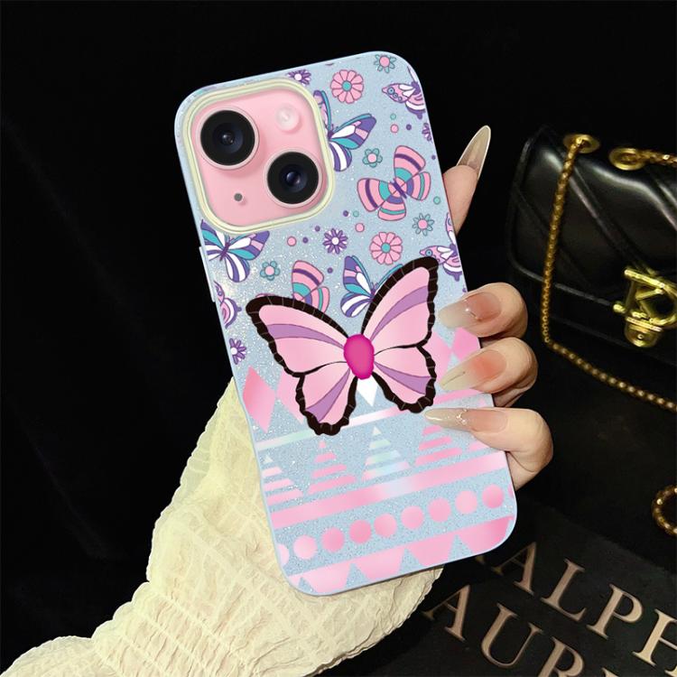For iPhone 15 Plus Pink Butterfly Pattern IMD Glitter PC Hybrid TPU Phone Case
