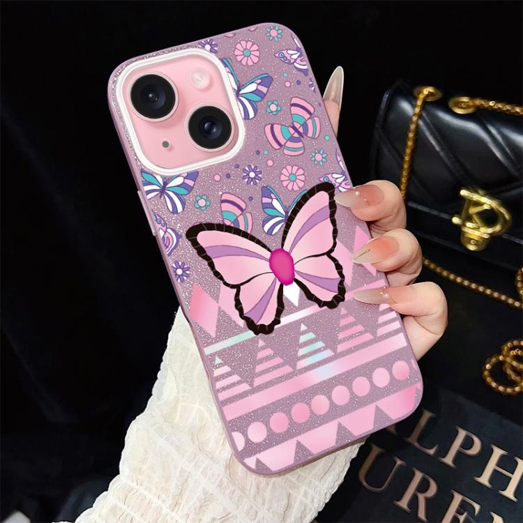 For iPhone 15 Plus Pink Butterfly Pattern IMD Glitter PC Hybrid TPU Phone Case