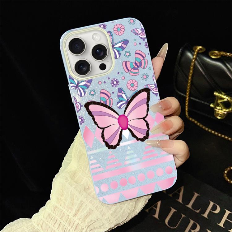 For iPhone 15 Pro Max Pink Butterfly Pattern IMD Glitter PC Hybrid TPU Phone Case