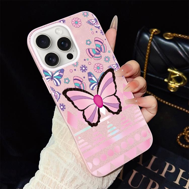 For iPhone 15 Pro Max Pink Butterfly Pattern IMD Glitter PC Hybrid TPU Phone Case