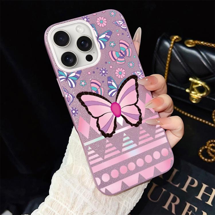 For iPhone 15 Pro Max Pink Butterfly Pattern IMD Glitter PC Hybrid TPU Phone Case