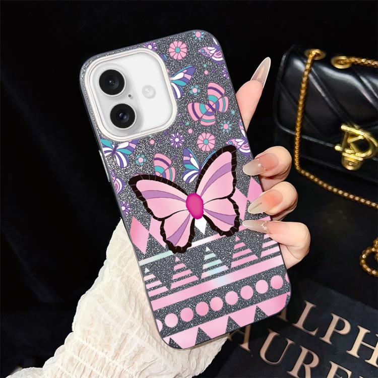 For iPhone 16 Plus Pink Butterfly Pattern IMD Glitter PC Hybrid TPU Phone Case