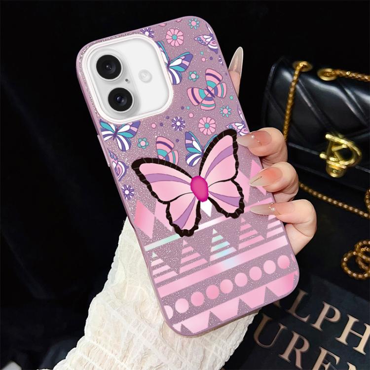 For iPhone 16 Plus Pink Butterfly Pattern IMD Glitter PC Hybrid TPU Phone Case