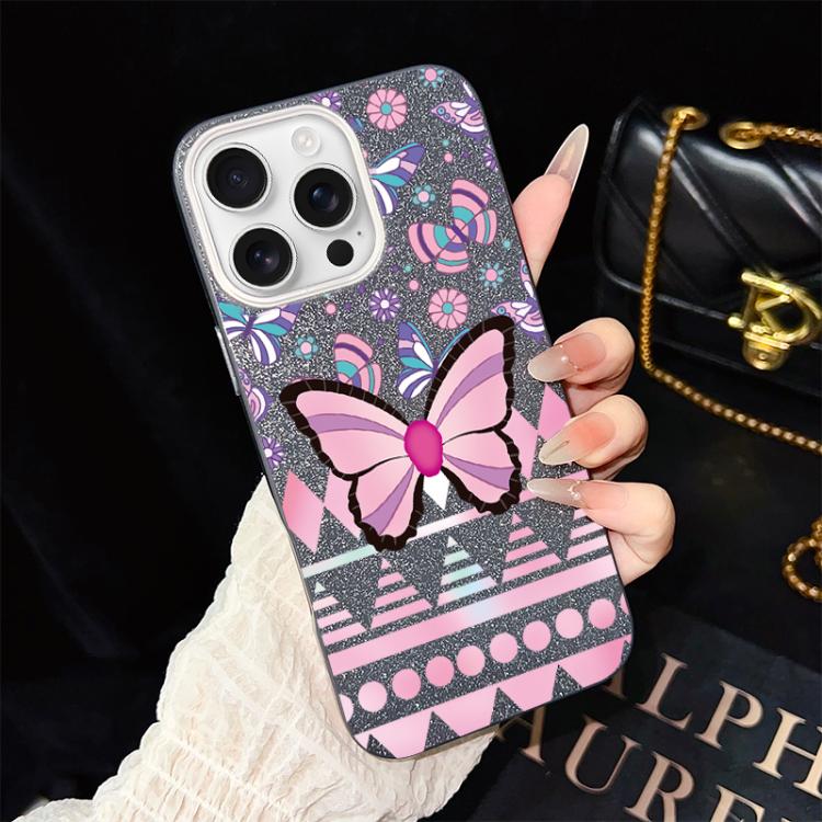 For iPhone 16 Pro Pink Butterfly Pattern IMD Glitter PC Hybrid TPU Phone Case