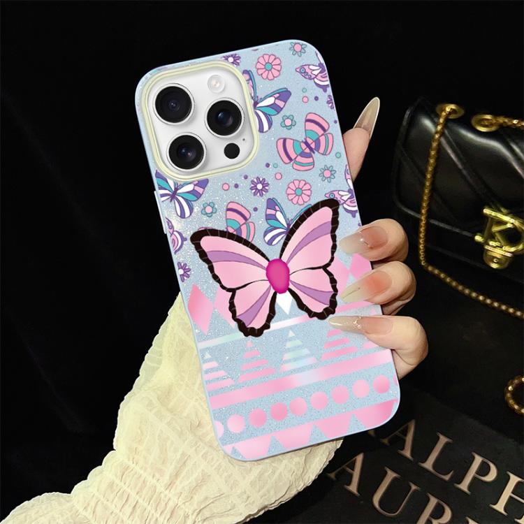 For iPhone 16 Pro Pink Butterfly Pattern IMD Glitter PC Hybrid TPU Phone Case