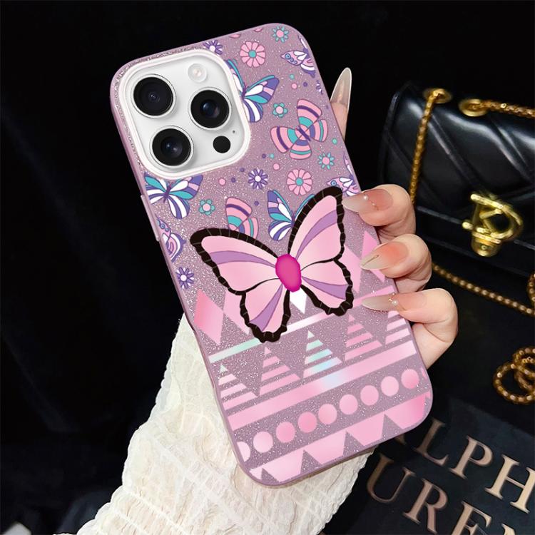 For iPhone 16 Pro Pink Butterfly Pattern IMD Glitter PC Hybrid TPU Phone Case