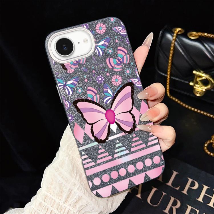 For iPhone 17e / 16e Pink Butterfly Pattern IMD Glitter PC Hybrid TPU Phone Case