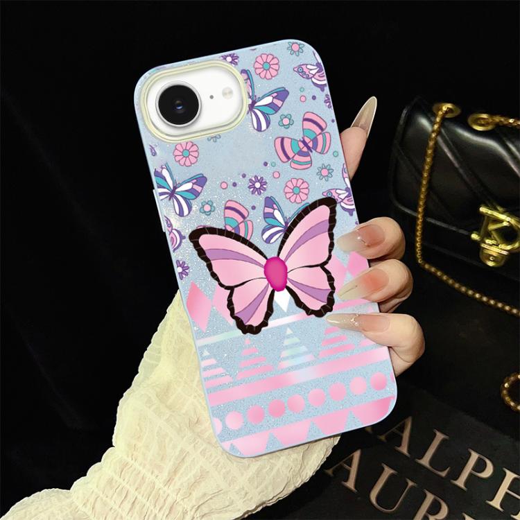 For iPhone 17e / 16e Pink Butterfly Pattern IMD Glitter PC Hybrid TPU Phone Case